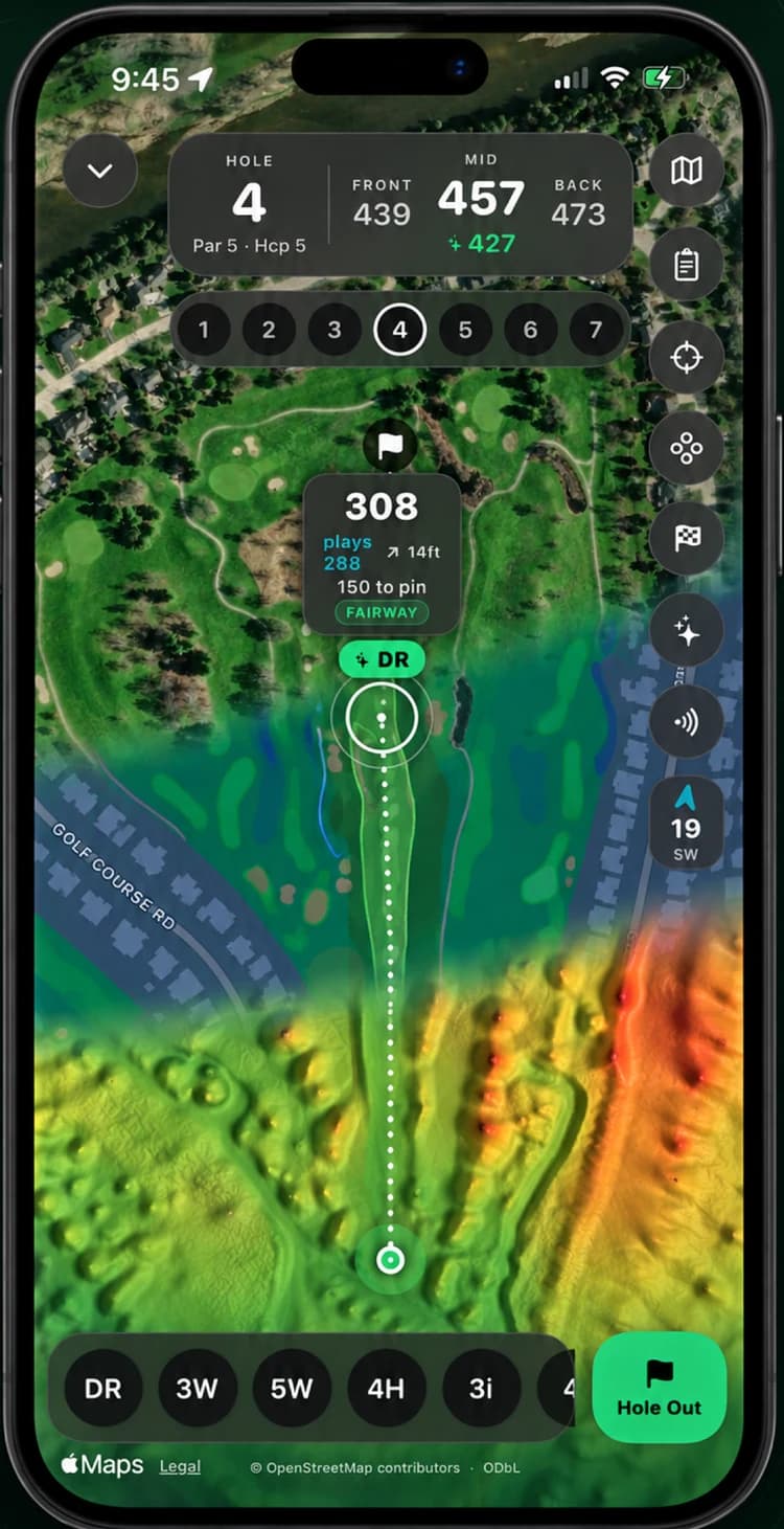 Striped app: satellite, course map and terrain views of one hole, shown together